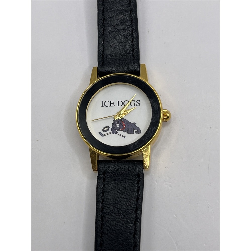 Ice Dogs Kids Quartz Watch Black Leather Band Gold Tone Case- New Battery